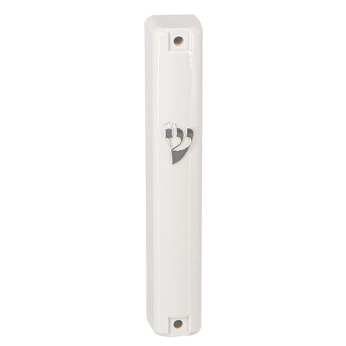 Plastic Mezuzah 12cm - White With Silver Shin {Judaica-Home-Mezuzah Holder} Manchester Judaica