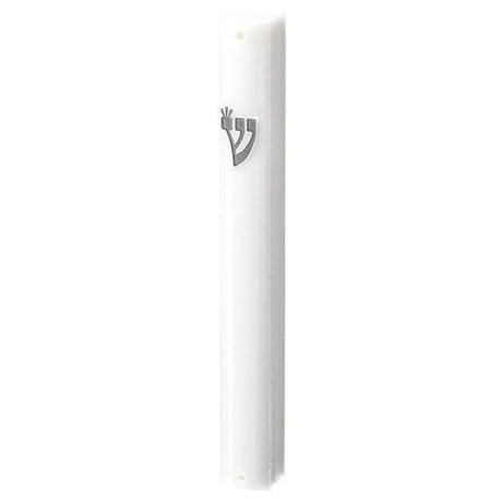 Plastic Mezuzah 12 cm - White With Silver Shin {Judaica-Home-Mezuzah Holder} Manchester Judaica
