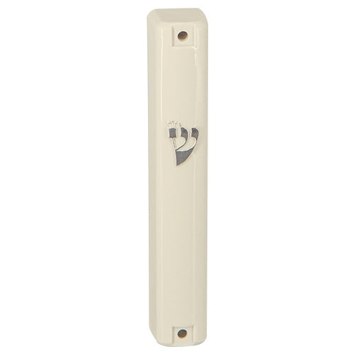 Plastic Mezuzah 12Cm - Beige With Silver Shin {Judaica-Home-Mezuzah Holder} Manchester Judaica