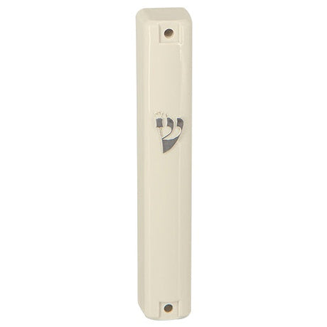 Plastic Mezuzah 12Cm - Beige With Silver Shin {Judaica-Home-Mezuzah Holder} Manchester Judaica