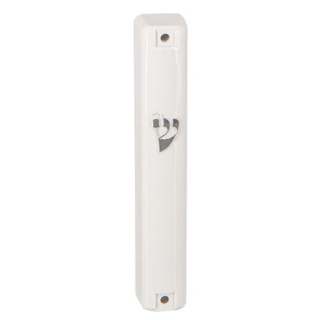 Plastic Mezuzah 12Cm - White With Silver Shin {Judaica-Home-Mezuzah Holder} Manchester Judaica