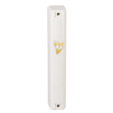 Plastic Mezuzah 15Cm - White With Gold Shin {Judaica-Home-Mezuzah Holder} Manchester Judaica