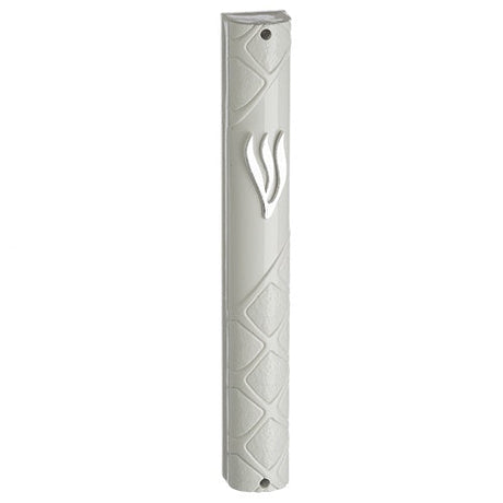 Plastic Mezuzah 15Cm - White With Silver Shin 23536 {Judaica-Home-Mezuzah Holder} Manchester Judaica