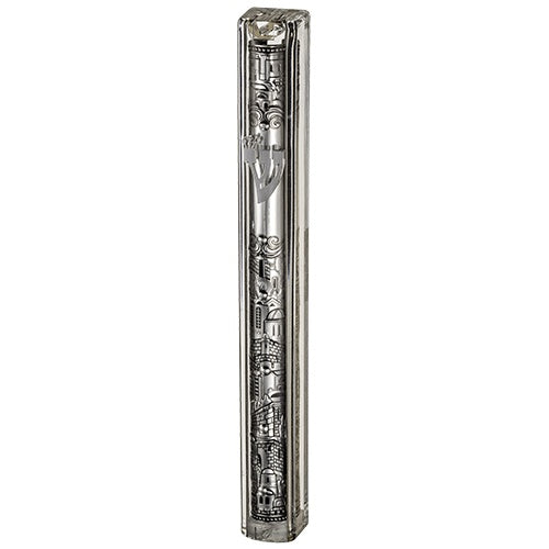 Plastic Mezuzah 20Cm - Transparent With Silver Plaque {Judaica-Home-Mezuzah Holder} Manchester Judaica