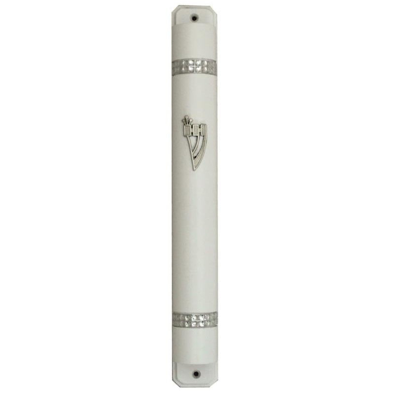 Wood Mezuzah 15Cm - White With Chain Design {Judaica-Home-Mezuzah Holder} Manchester Judaica