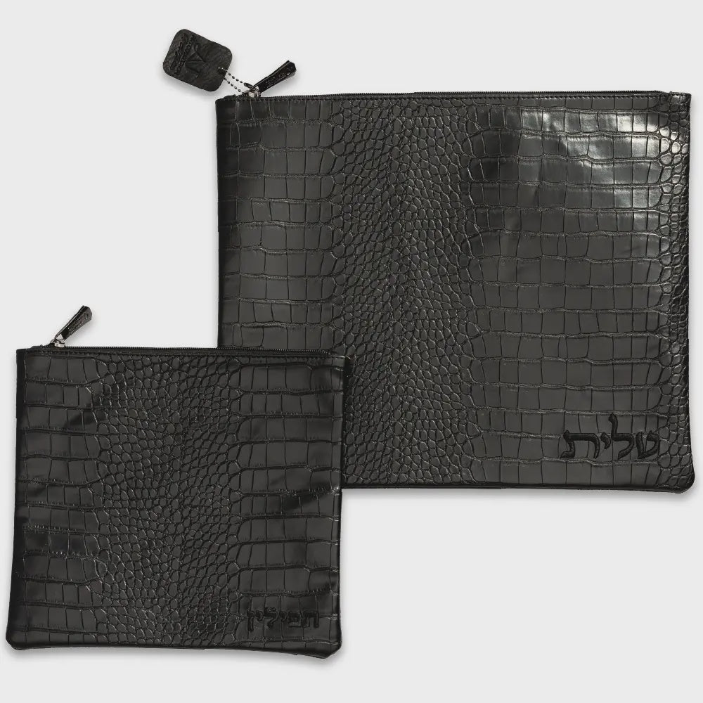 Black Leatherette Tallit - Tefillin Set 39*31 cm with Embroidery