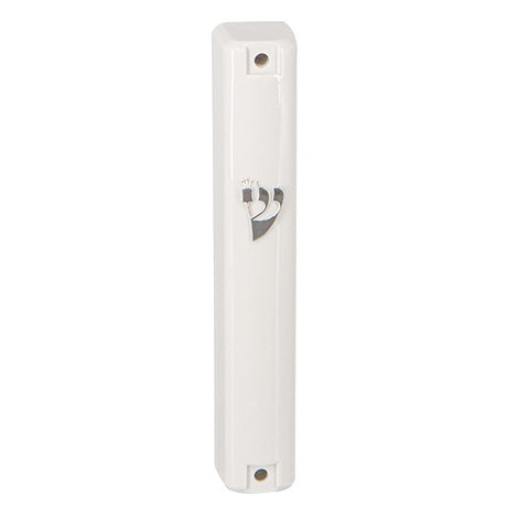 Plastic Mezuzah 12cm - White With Silver Shin {Judaica-Home-Mezuzah Holder} Manchester Judaica