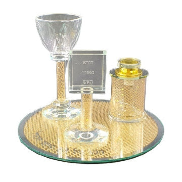 Crystal Hadalah Set with Tray - gold Judaica-Shabbos-Havdolah 12388 Manchester Judaica