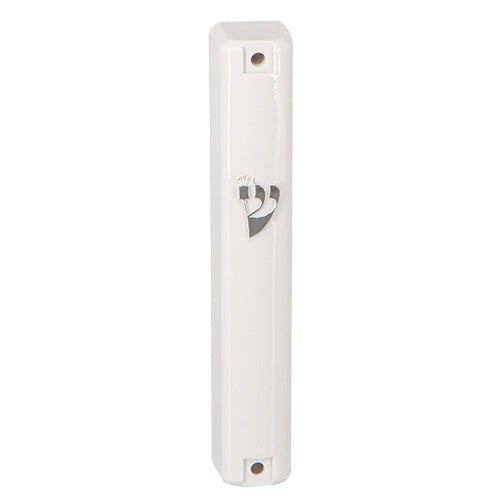 Plastic Mezuzah 12cm - White With Silver Shin Judaica-Home-Mezuzah Holder 22205 Manchester Judaica